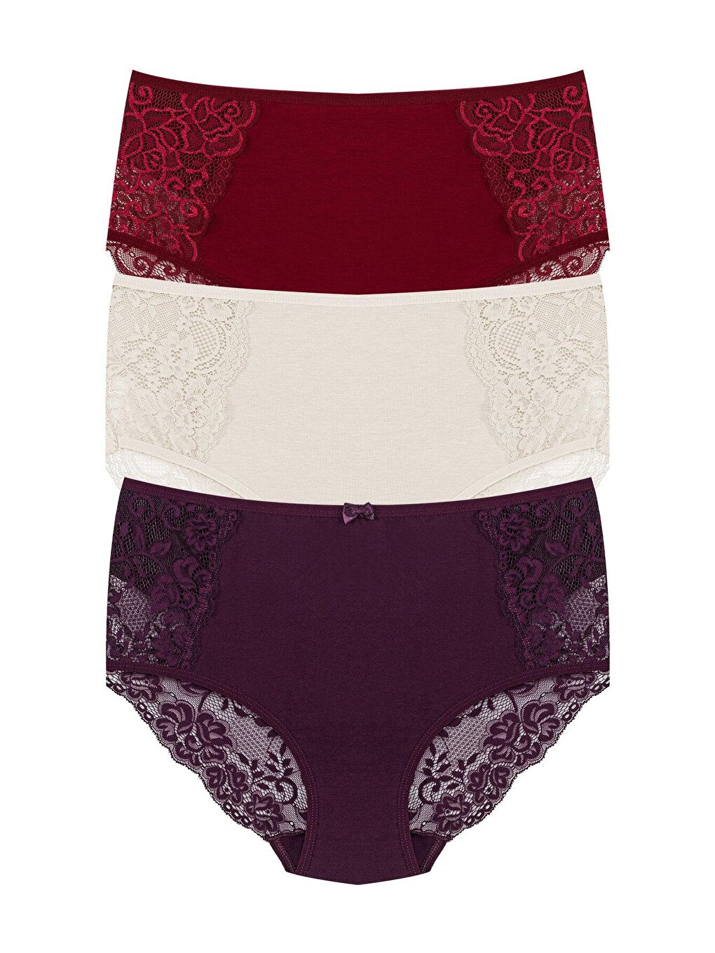 Karışık Pamuklu Ön Yanlar ve Arka V Dantel Detay Yüksek Bel Büyük Beden Kadın Külot 3'lü