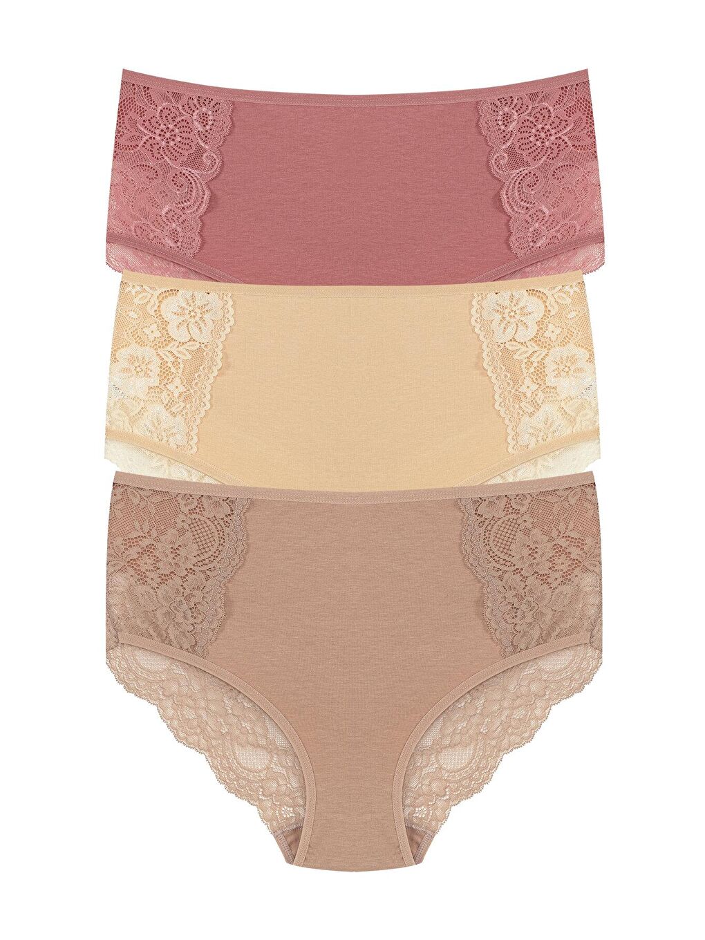 Bej Pamuklu Ön Yanlar ve Arka V Dantel Detay Yüksek Bel Büyük Beden Kadın Külot 3'lü