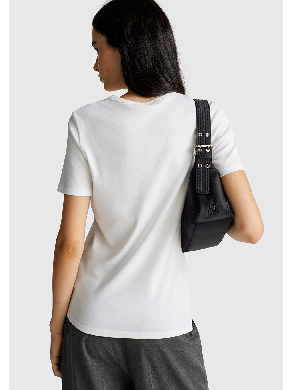 Kadın Beyaz 100 Pamuk Benetton Yazılı Basic T Shirt-2