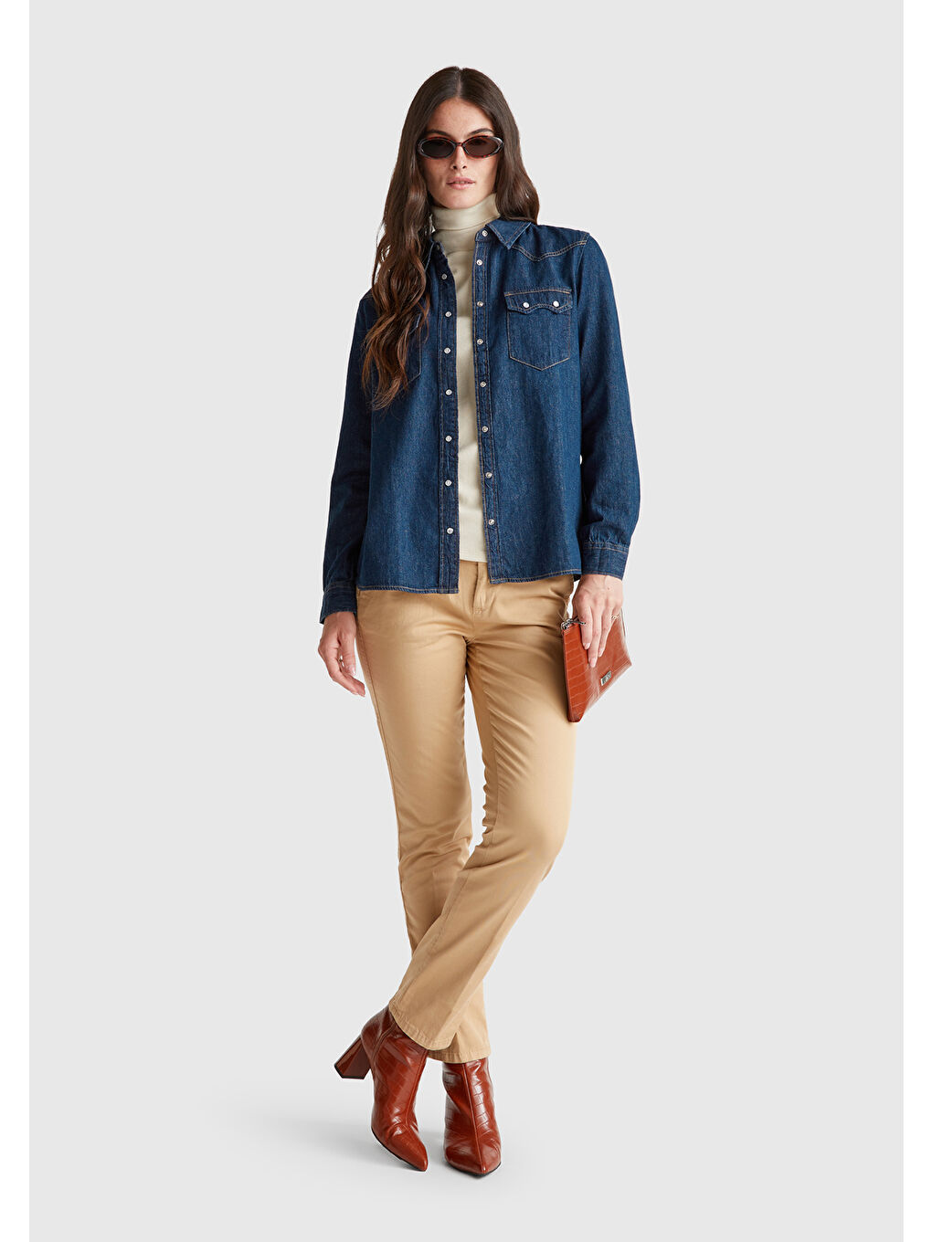 Kadın Bej Elastanlı Basic Chino Pantolon-4