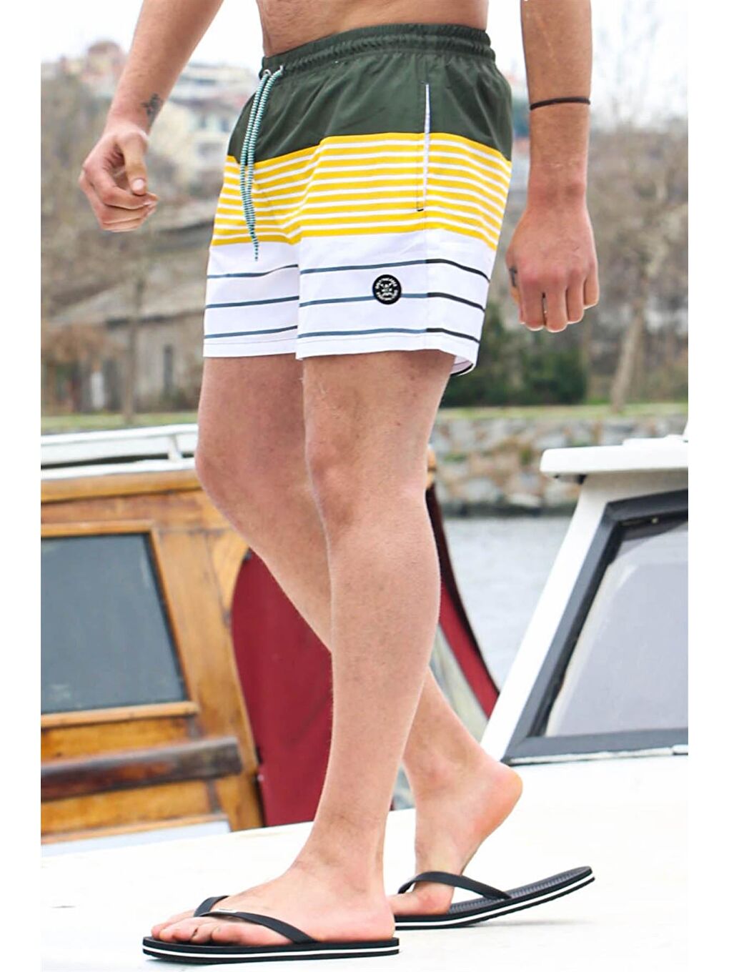 Haki Çizgili Erkek Deniz Şort 6362