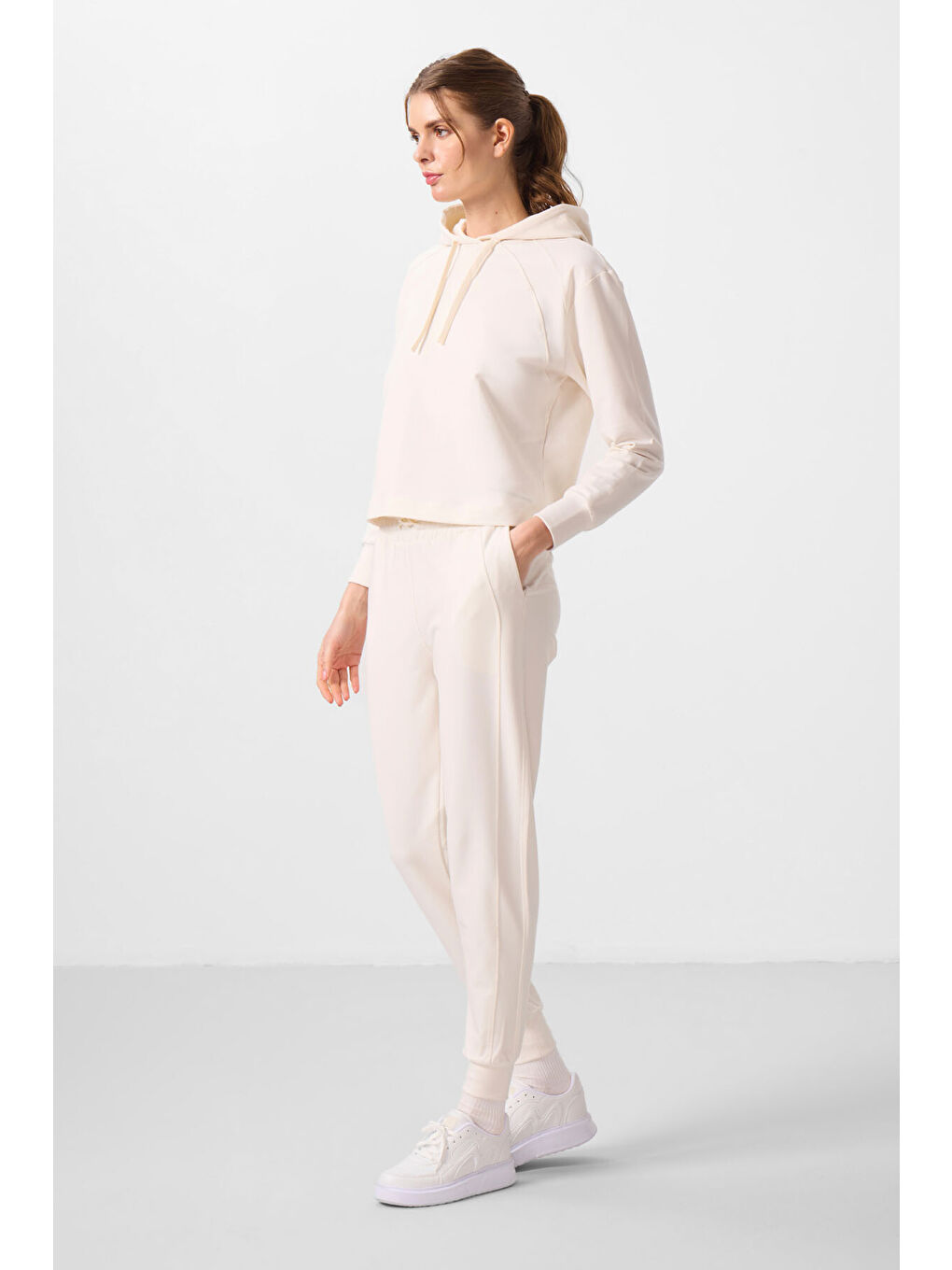 Ekru Kapüşonlu Oversize Kadın Eşofman Takım   95336-4