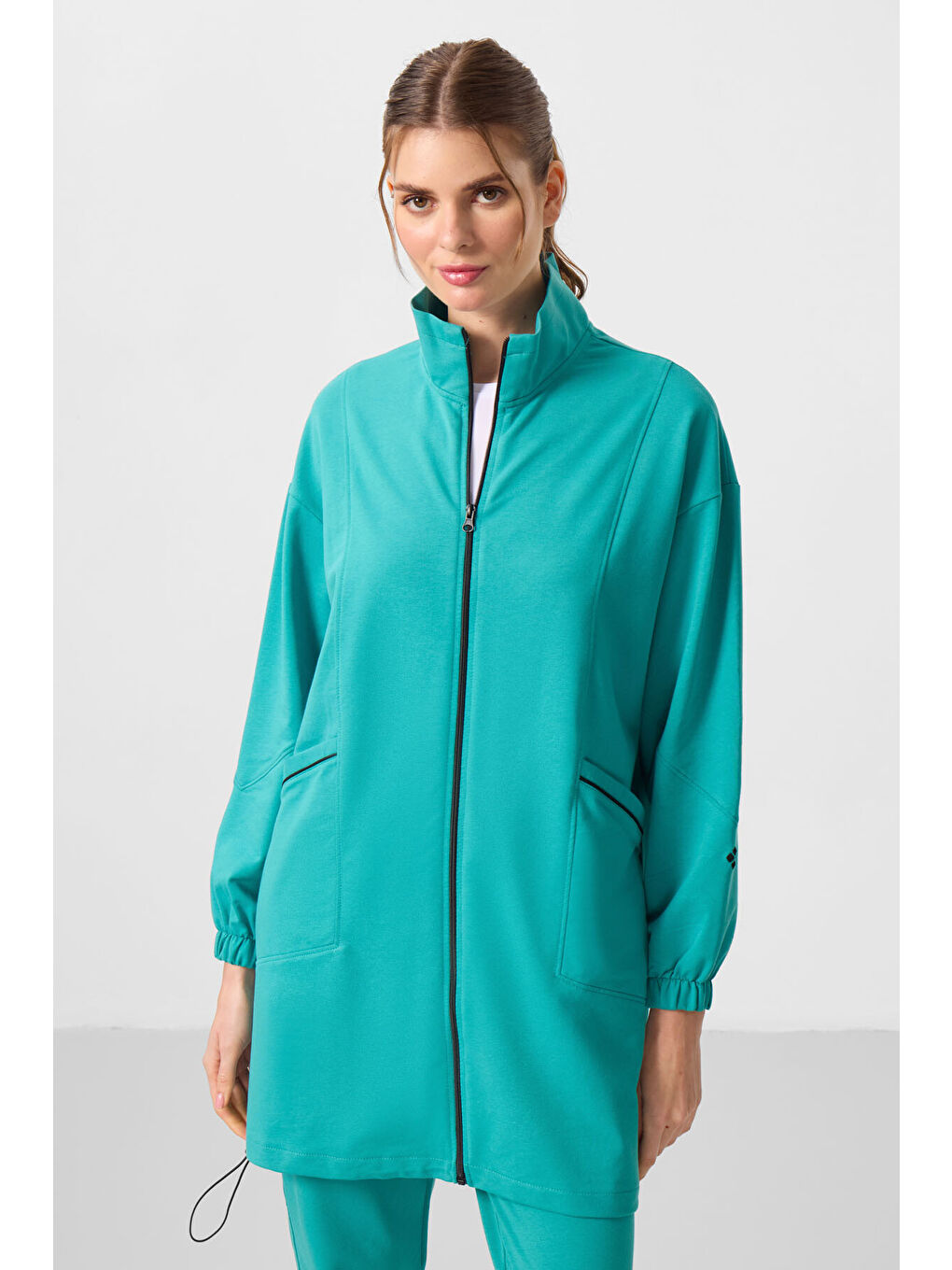 Deniz Yeşil Dik Yaka Fermuarlı Rahat Form Kadın Eşofman Tunik Takım - 95345-2