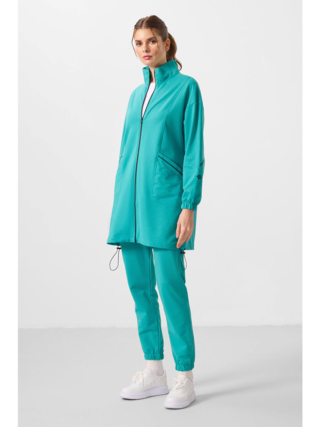 Deniz Yeşil Dik Yaka Fermuarlı Rahat Form Kadın Eşofman Tunik Takım - 95345-4