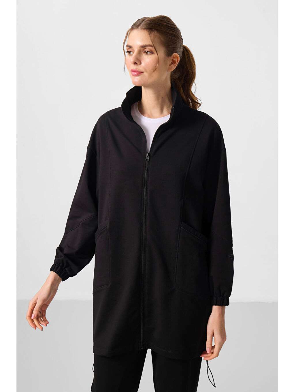 Siyah Dik Yaka Fermuarlı Rahat Form Kadın Eşofman Tunik Takım - 95345-2