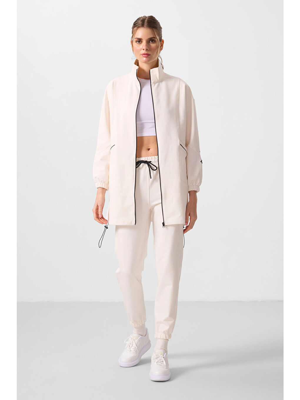 Ekru Dik Yaka Fermuarlı Rahat Form Kadın Eşofman Tunik Takım - 95345