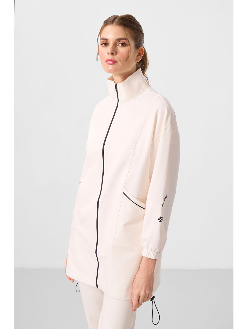 Ekru Dik Yaka Fermuarlı Rahat Form Kadın Eşofman Tunik Takım - 95345-2