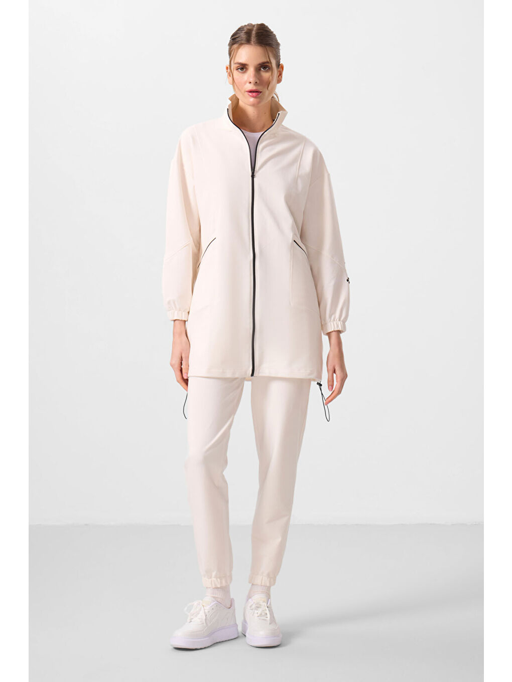 Ekru Dik Yaka Fermuarlı Rahat Form Kadın Eşofman Tunik Takım - 95345-4