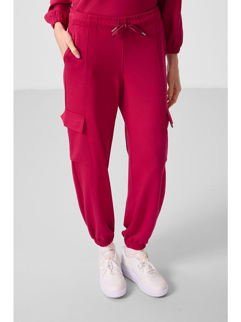 Viva Kırmızı Yumuşak Dokulu Dik Yaka Gizli Fermuarlı Oversize Kadın Eşofman Takım - 95351-3