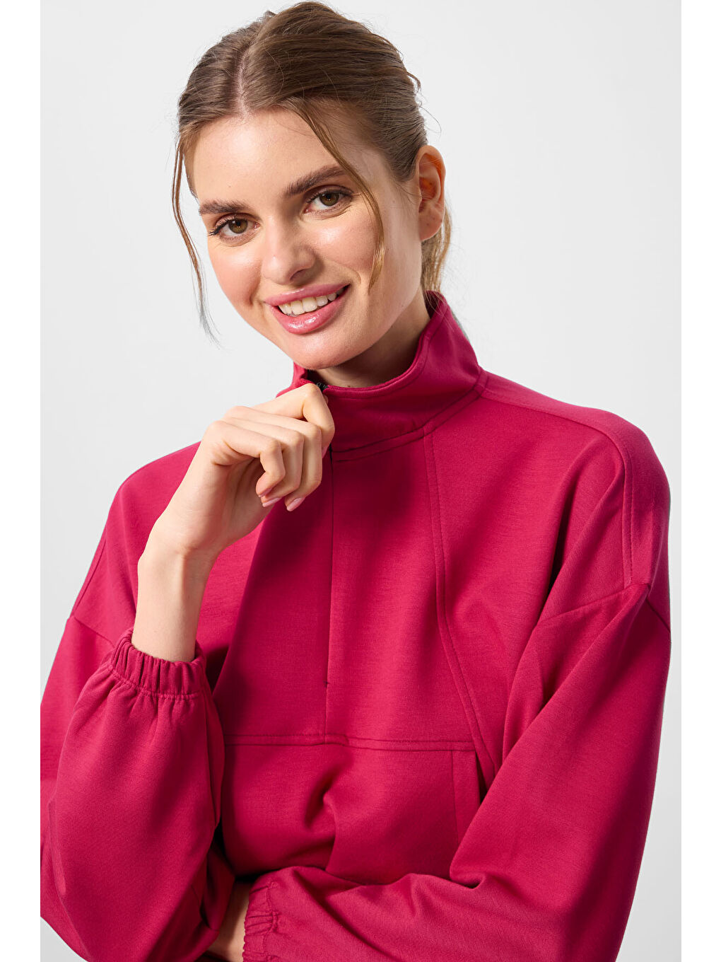 Viva Kırmızı Yumuşak Dokulu Dik Yaka Gizli Fermuarlı Oversize Kadın Eşofman Takım - 95351-4