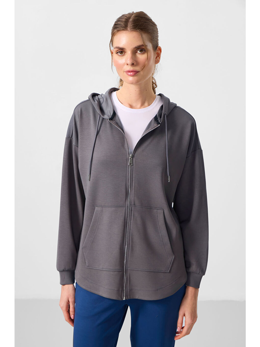 Koyu Gri Yumuşak Dokulu Kapüşonlu Oversize Kadın Tunik Sweatshirt   97302