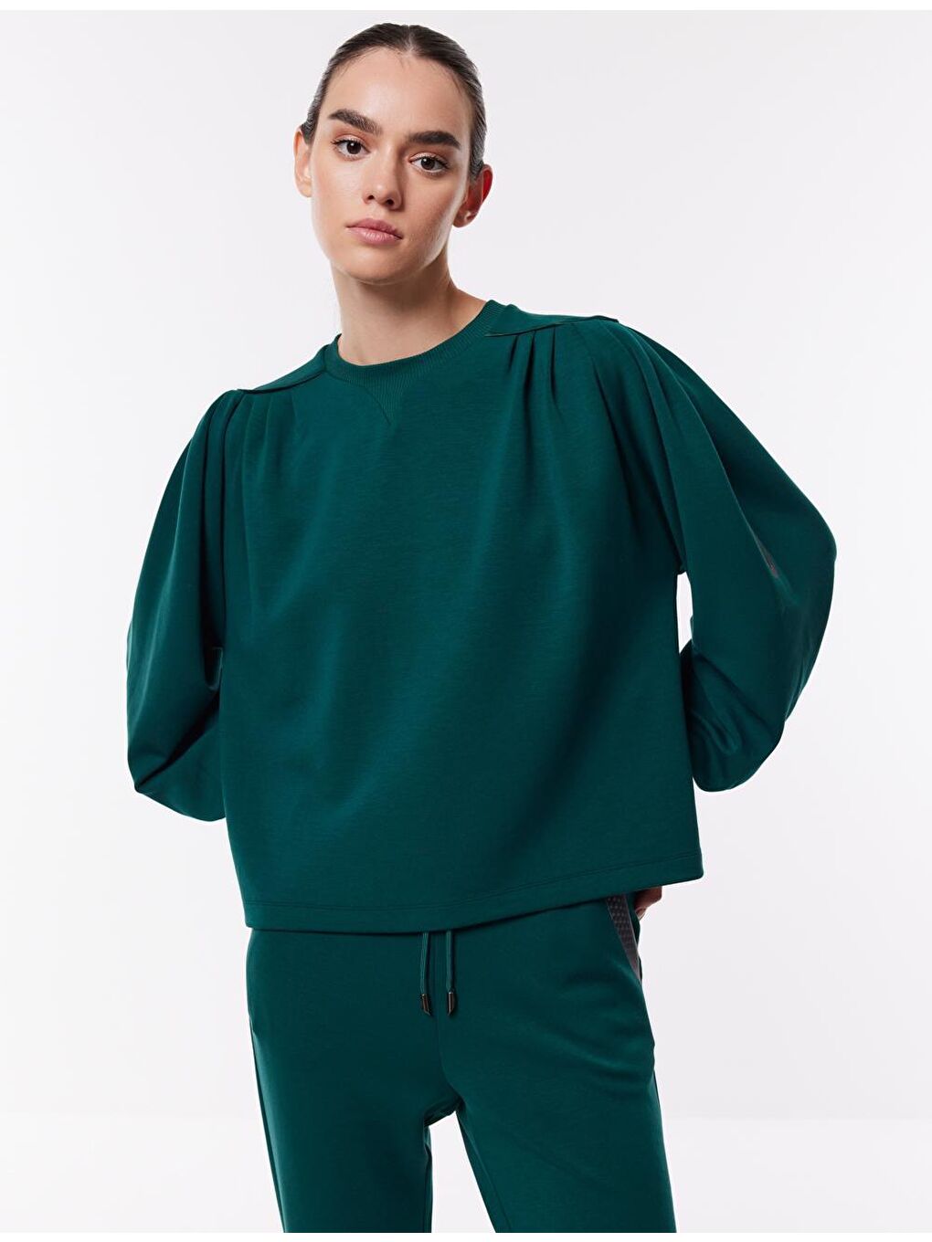 Koyu Yeşil Bol Kesim Bisiklet Yaka Örme Sweatshirt