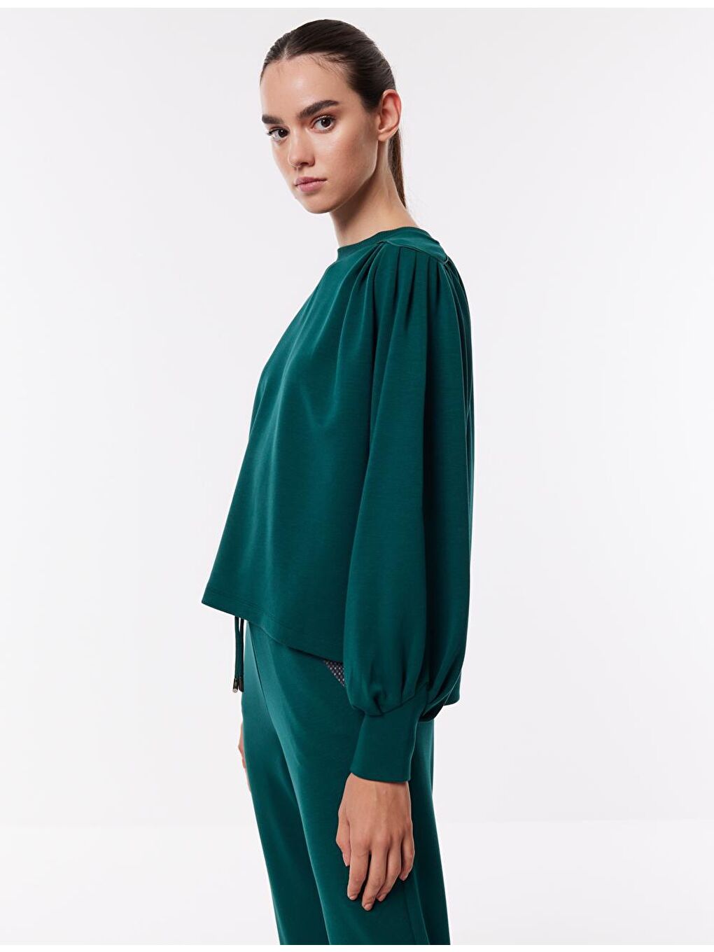 Koyu Yeşil Bol Kesim Bisiklet Yaka Örme Sweatshirt-1