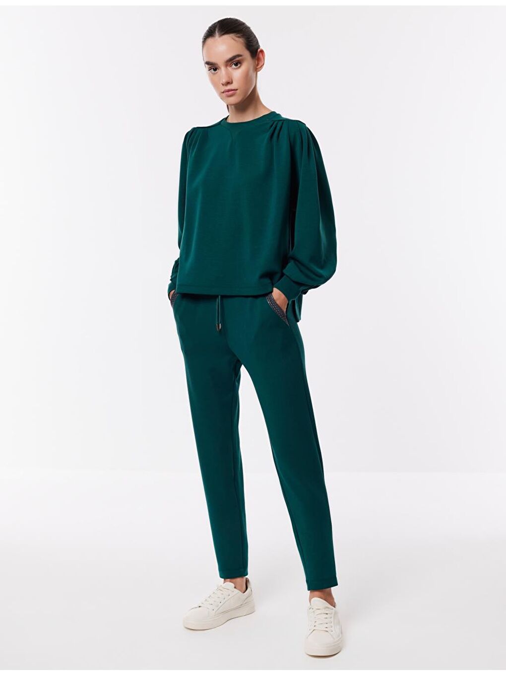 Koyu Yeşil Bol Kesim Bisiklet Yaka Örme Sweatshirt-3