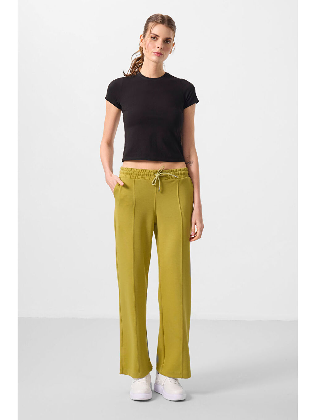 Sarı Koyu Hardal Yumuşak Dokulu Cepli Ön Dikiş Detaylı Kadın Palazzo Pantolon - 94670-3