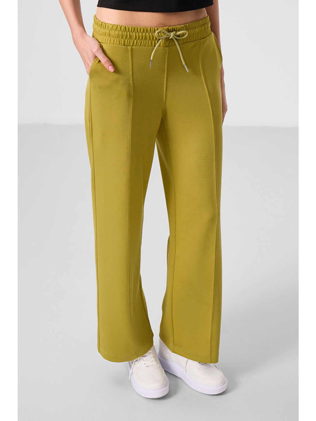 Sarı Koyu Hardal Yumuşak Dokulu Cepli Ön Dikiş Detaylı Kadın Palazzo Pantolon - 94670-4