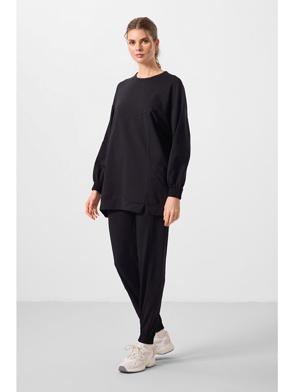 Siyah O Yaka Basic Oversize Kadın Eşofman Tunik Takım - 95347