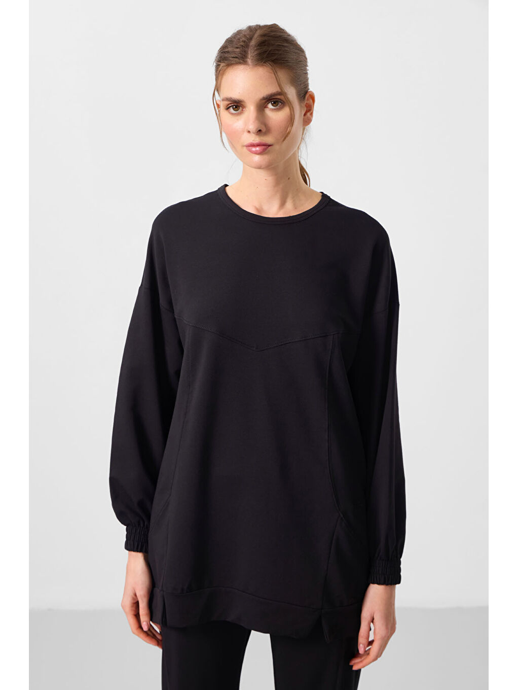 Siyah O Yaka Basic Oversize Kadın Eşofman Tunik Takım - 95347-2