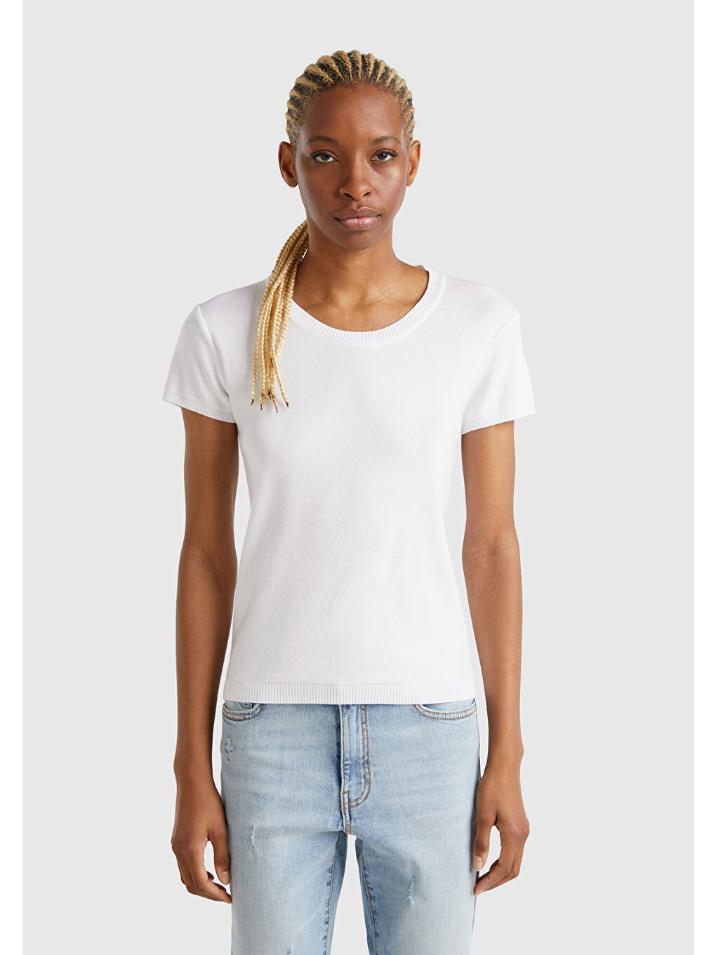 Kadın Beyaz 100 Pamuk Bisiklet Yaka Kısa Kollu Kazak