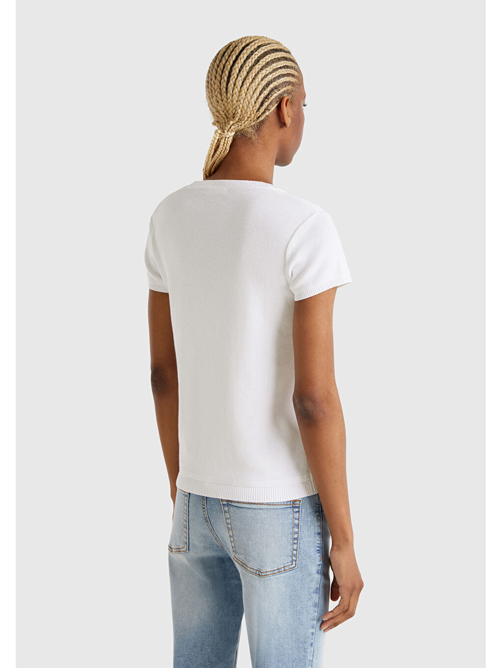 Kadın Beyaz 100 Pamuk Bisiklet Yaka Kısa Kollu Kazak-2