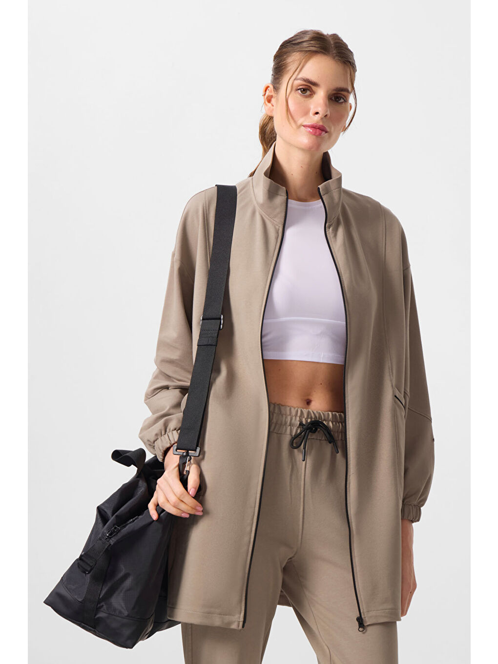 Koyu Bej Dik Yaka Fermuarlı Rahat Form Kadın Eşofman Tunik Takım - 95345-2