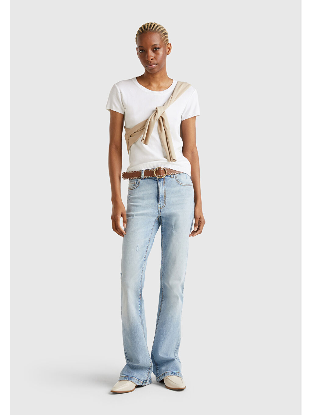 Kadın Beyaz 100 Pamuk Bisiklet Yaka Kısa Kollu Kazak-4