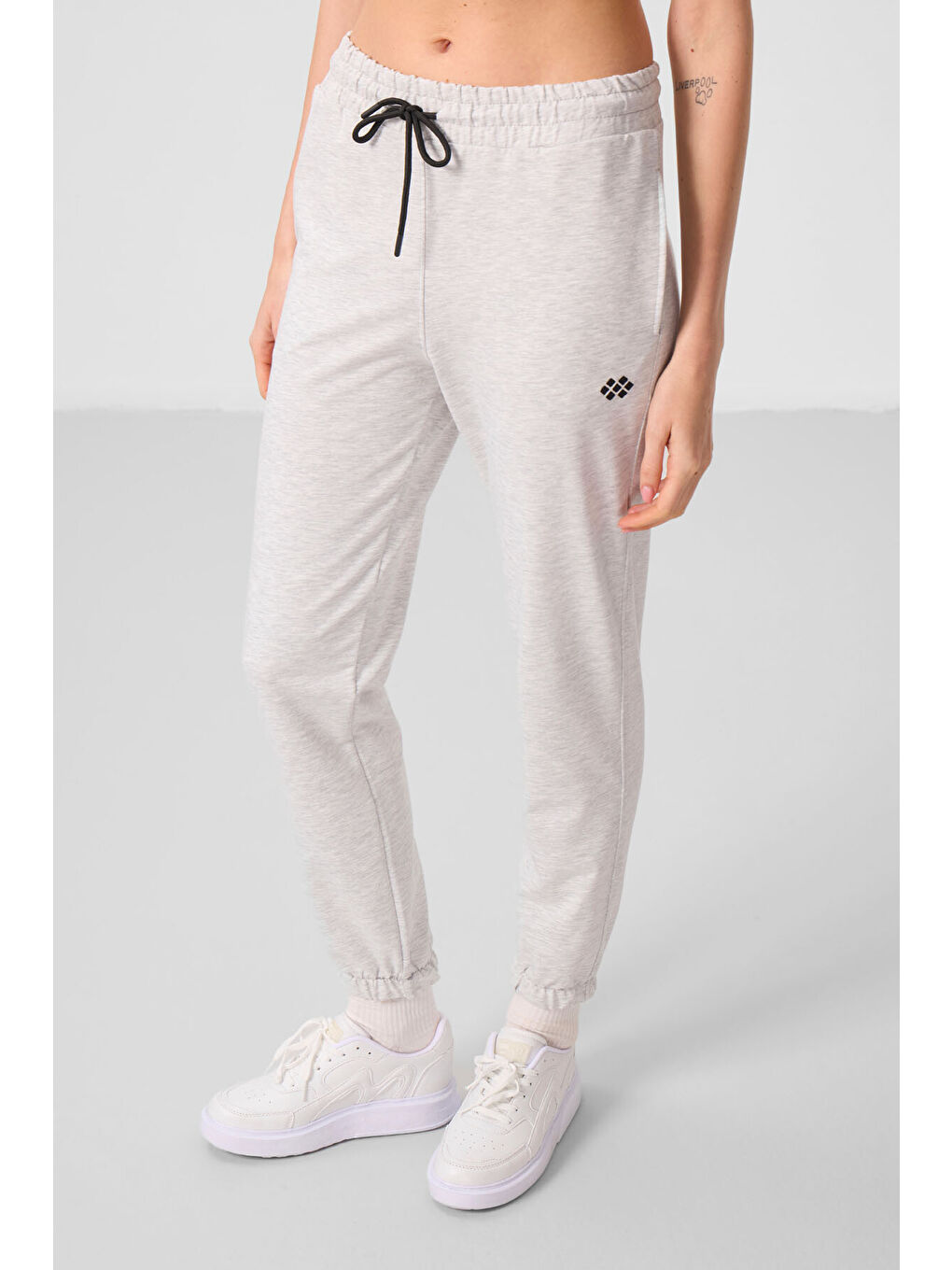 Beyaz Kar Melanj Dik Yaka Fermuarlı Rahat Form Kadın Eşofman Tunik Takım - 95345-1