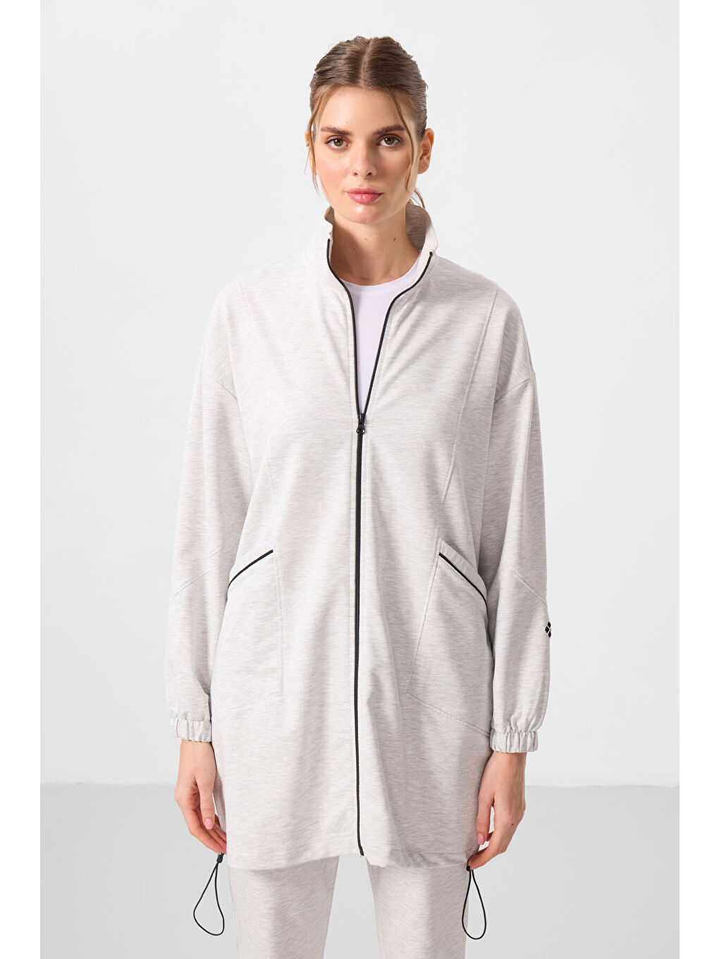 Beyaz Kar Melanj Dik Yaka Fermuarlı Rahat Form Kadın Eşofman Tunik Takım - 95345-2