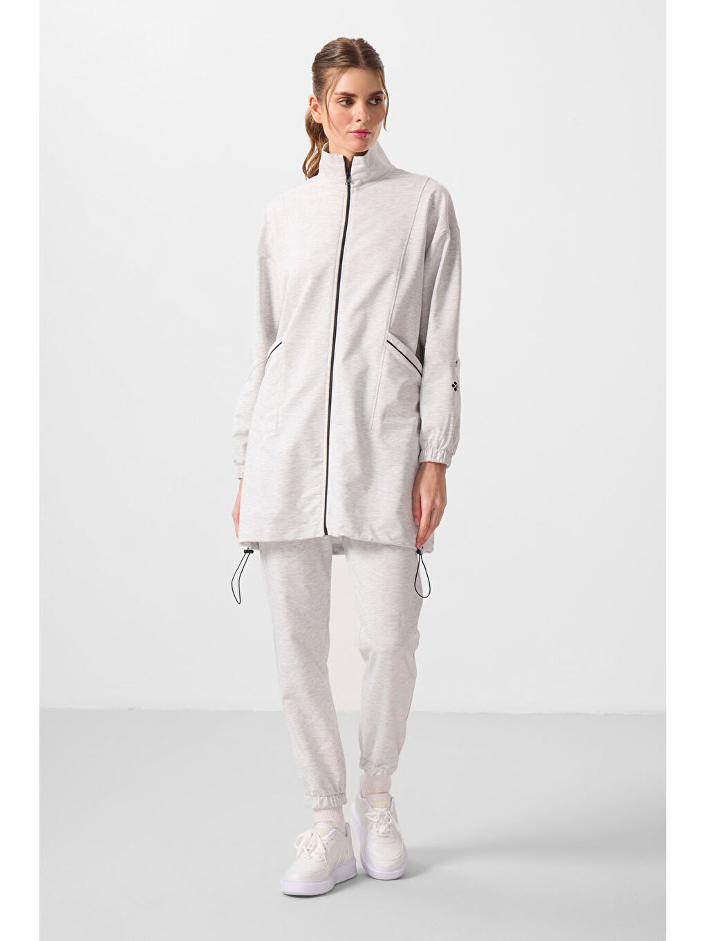 Beyaz Kar Melanj Dik Yaka Fermuarlı Rahat Form Kadın Eşofman Tunik Takım - 95345-4