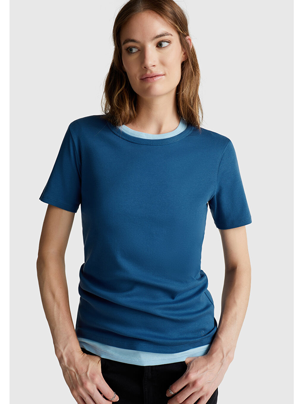 Kadın Gece Mavisi 100 Pamuk Basic Kısa Kollu Bisiklet Yaka T Shirt-4