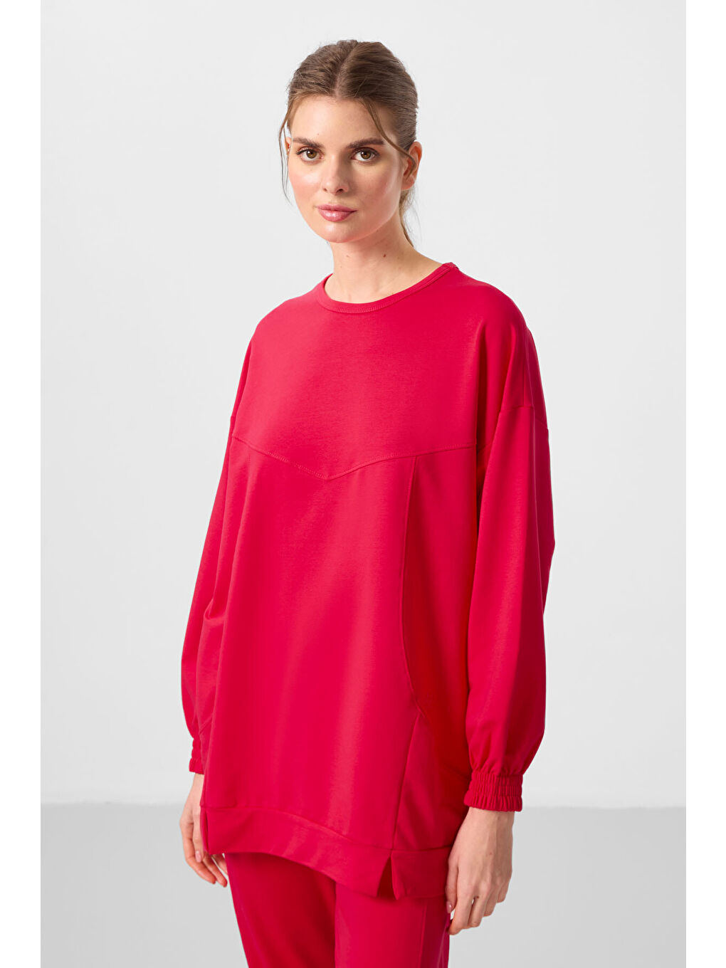 Viva Kırmızı O Yaka Basic Oversize Kadın Eşofman Tunik Takım - 95347-2