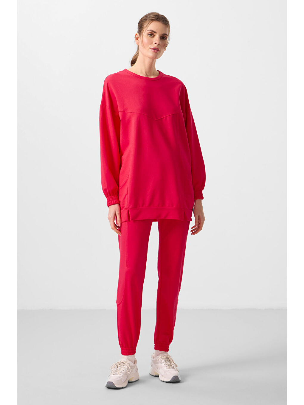 Viva Kırmızı O Yaka Basic Oversize Kadın Eşofman Tunik Takım - 95347-4