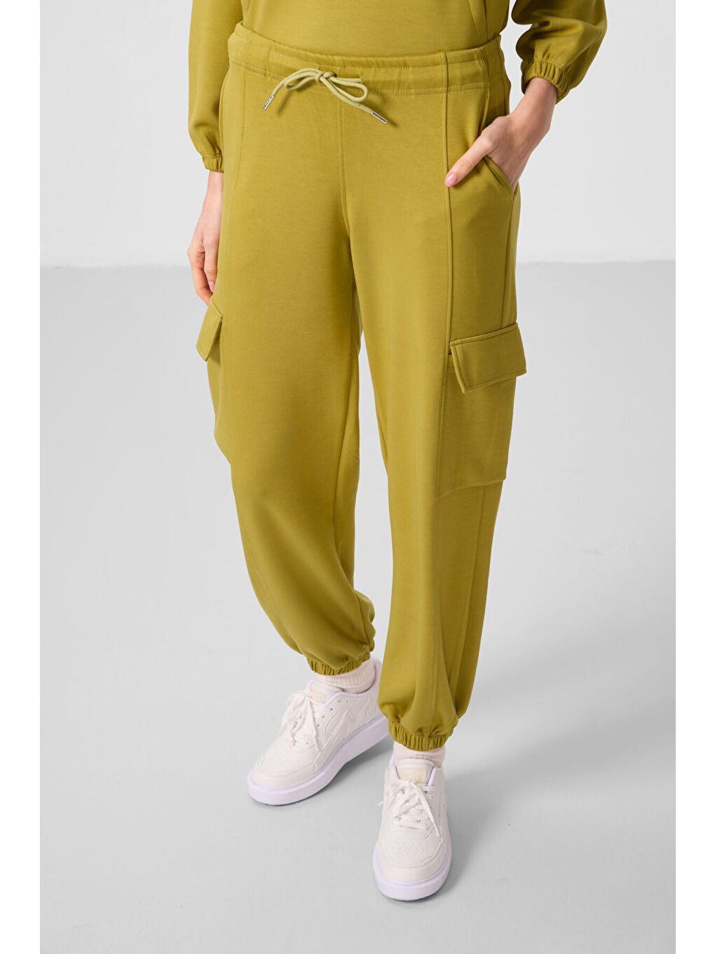 Sarı Koyu Hardal Yumuşak Dokulu Dik Yaka Gizli Fermuarlı Oversize Kadın Eşofman Takım - 95351-1