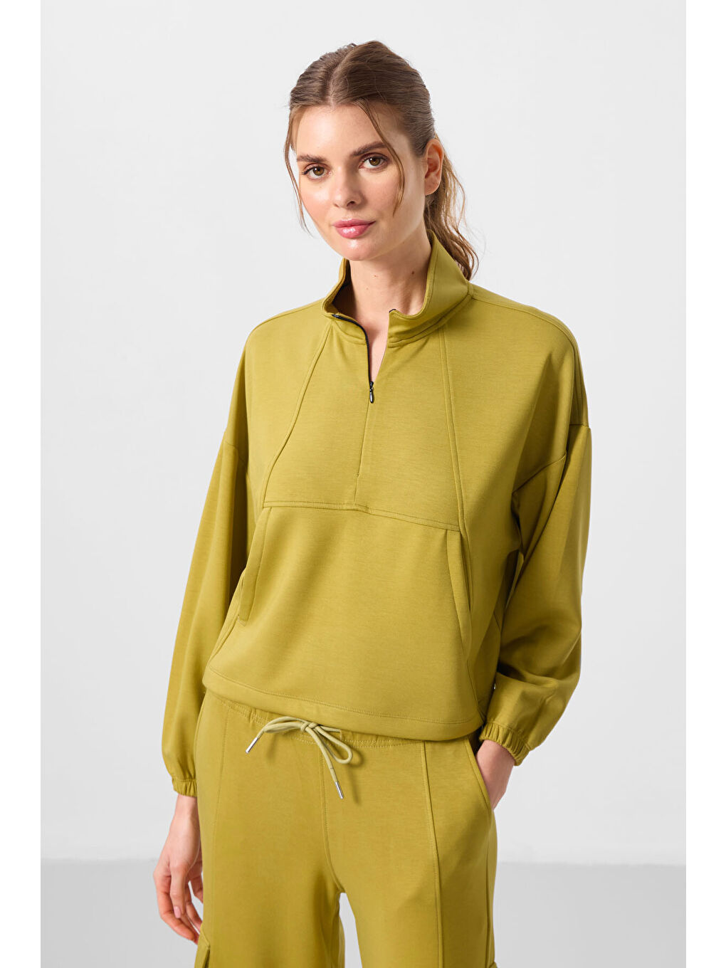 Sarı Koyu Hardal Yumuşak Dokulu Dik Yaka Gizli Fermuarlı Oversize Kadın Eşofman Takım - 95351-2