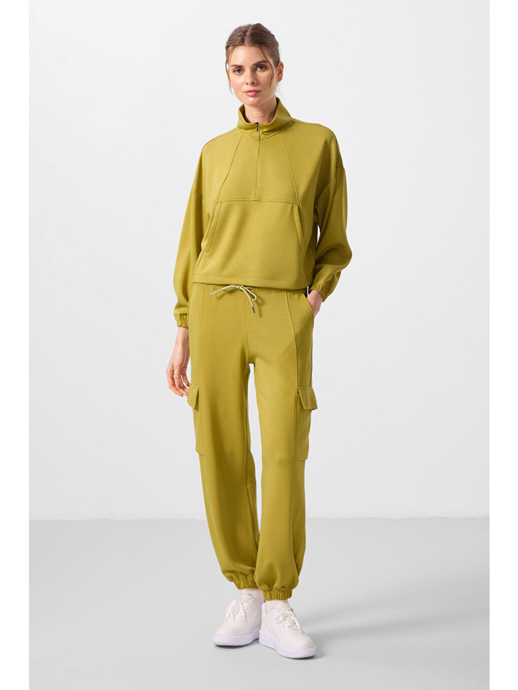 Sarı Koyu Hardal Yumuşak Dokulu Dik Yaka Gizli Fermuarlı Oversize Kadın Eşofman Takım - 95351-4