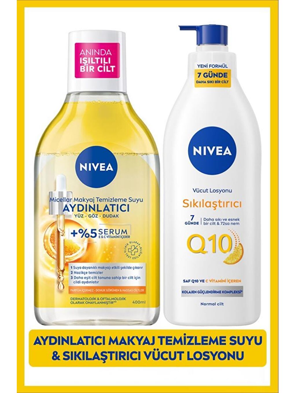 Aydınlatıcı Micellar Makyaj Temizleme Suyu 400ml ve Q10 Sıkılaştırıcı Vücut Losyonu, Pamuk Hediyeli