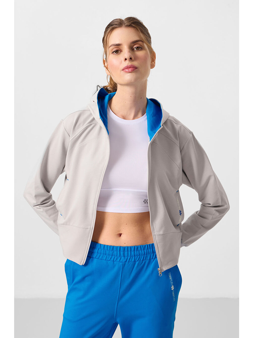 Bej Taş Saks Kapüşonlu Fermuarlı Oversize Kadın Eşofman Takım   95328-1