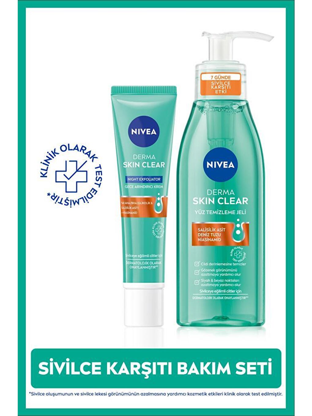 Derma Skin Clear Sivilce Karşıtı Yüz Temizleme Jeli 150ml ve Gece Arındırıcı Krem 40ml, Çanta