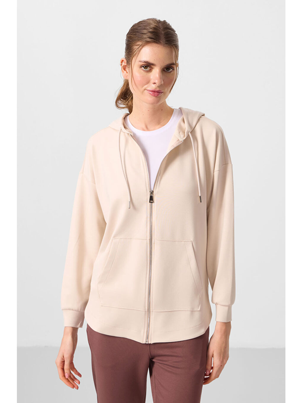 Bej Yumuşak Dokulu Kapüşonlu Oversize Kadın Tunik Sweatshirt   97302