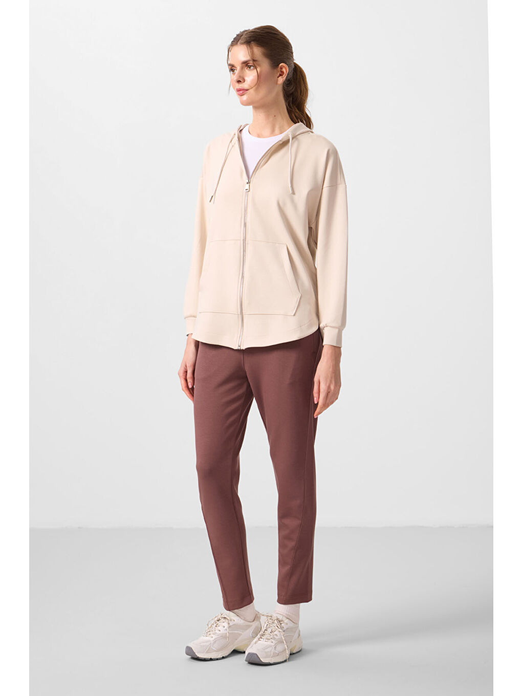 Bej Yumuşak Dokulu Kapüşonlu Oversize Kadın Tunik Sweatshirt   97302-3