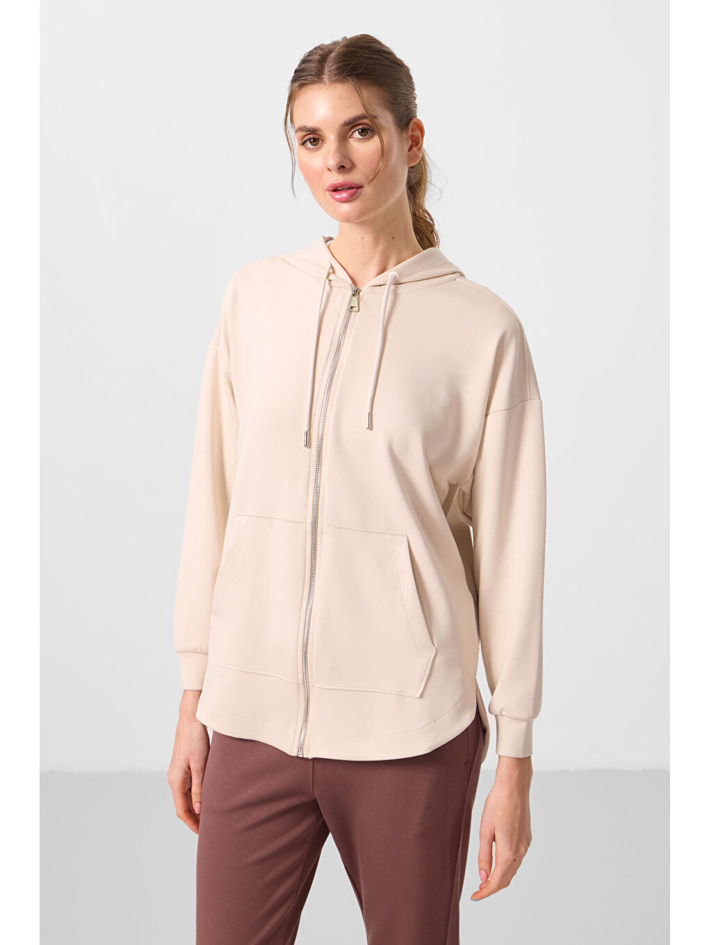 Bej Yumuşak Dokulu Kapüşonlu Oversize Kadın Tunik Sweatshirt   97302-4