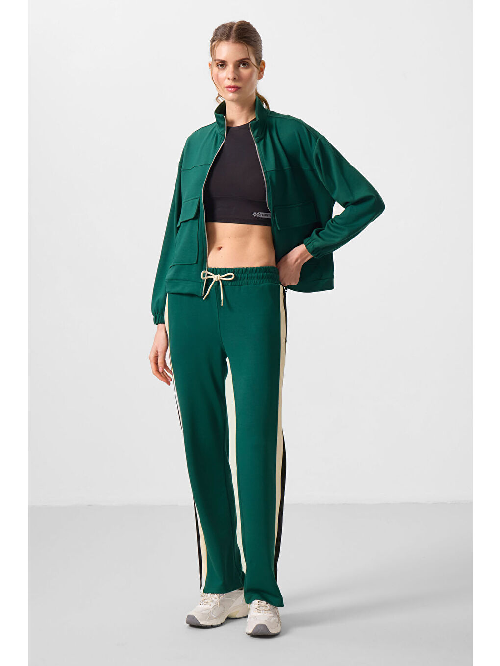 Yeşil Yumuşak Dokulu Yan Panel Detaylı Geniş Paça Kadın Palazzo Pantolon - 94671