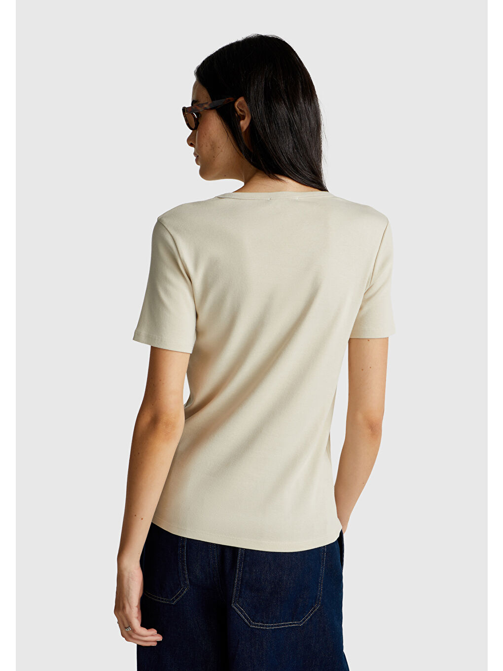 Kadın Bej 100 Pamuk Basic Kısa Kollu Bisiklet Yaka T Shirt-2