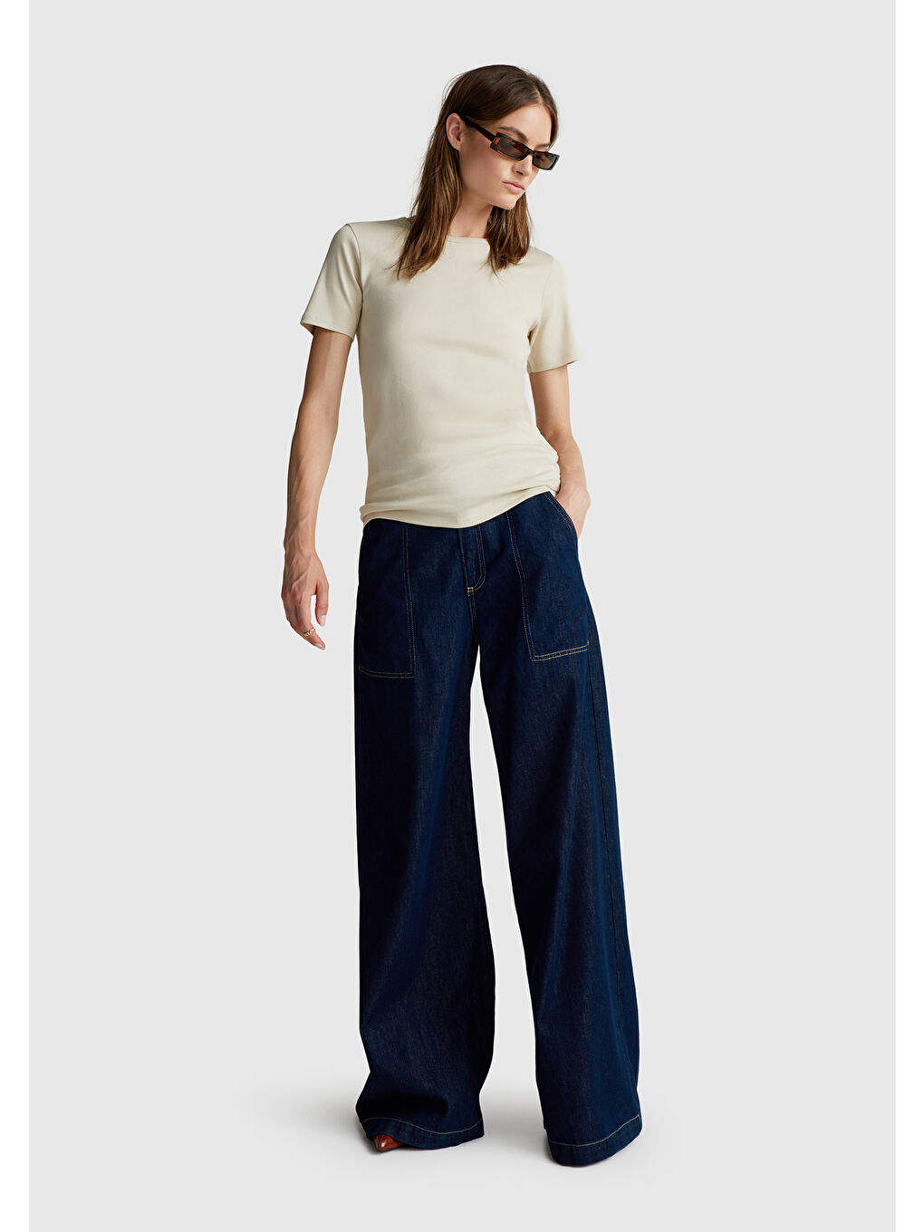 Kadın Bej 100 Pamuk Basic Kısa Kollu Bisiklet Yaka T Shirt-4