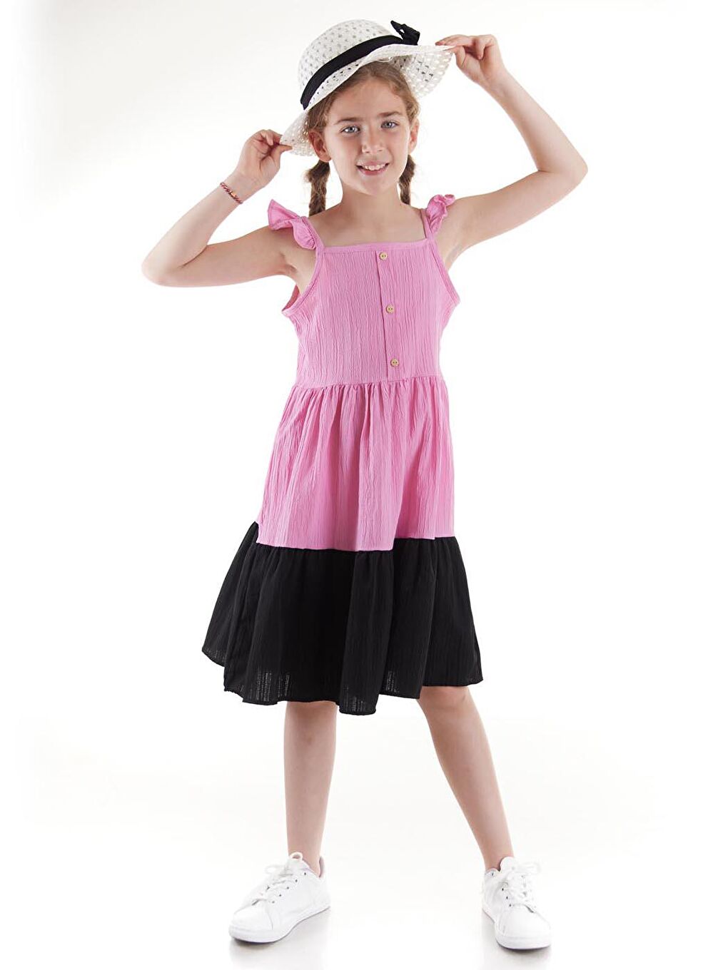 Pembe Kız Çocuk Düğmeli Şapkalı Yazlık Elbise Pamuklu Ak2516-1