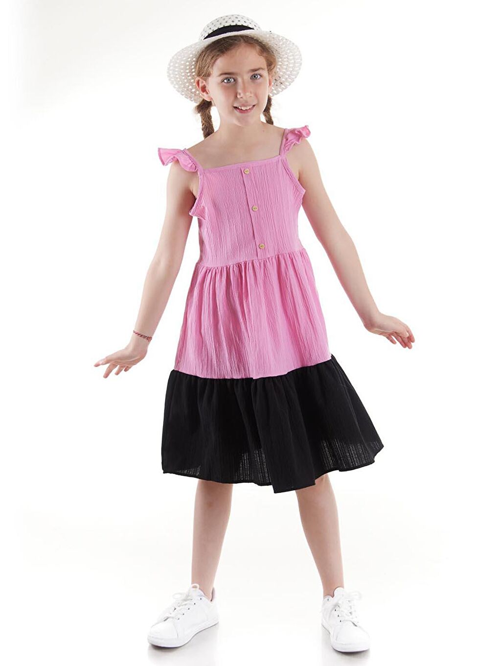 Pembe Kız Çocuk Düğmeli Şapkalı Yazlık Elbise Pamuklu Ak2516-2