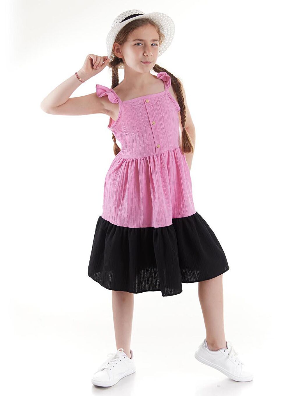 Pembe Kız Çocuk Düğmeli Şapkalı Yazlık Elbise Pamuklu Ak2516-3