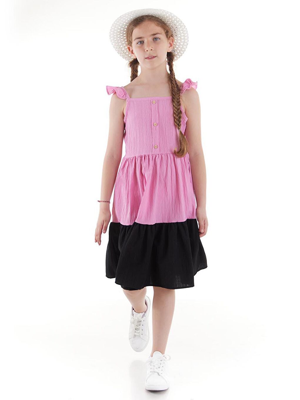 Pembe Kız Çocuk Düğmeli Şapkalı Yazlık Elbise Pamuklu Ak2516-4