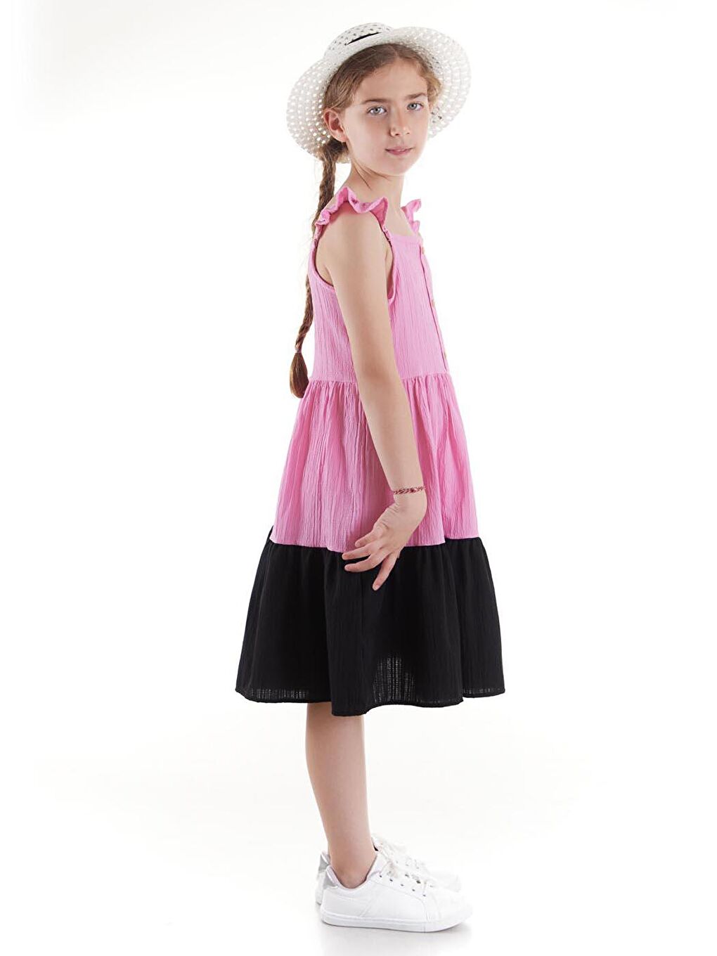 Pembe Kız Çocuk Düğmeli Şapkalı Yazlık Elbise Pamuklu Ak2516-5