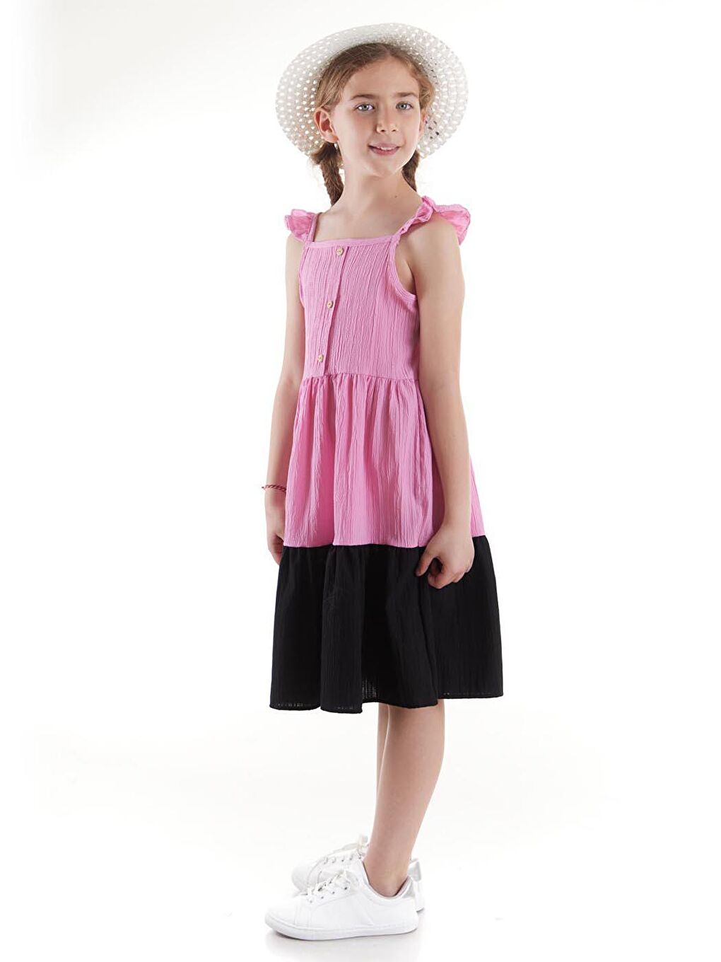 Pembe Kız Çocuk Düğmeli Şapkalı Yazlık Elbise Pamuklu Ak2516-6